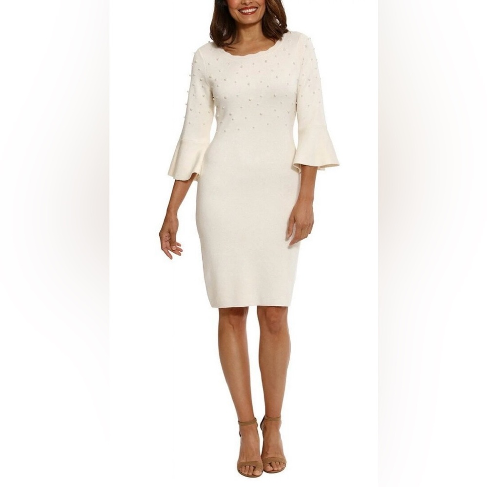 London Times Women’s White Large Pearl 3/4 Bell Sleeve Sweater Mini Dress